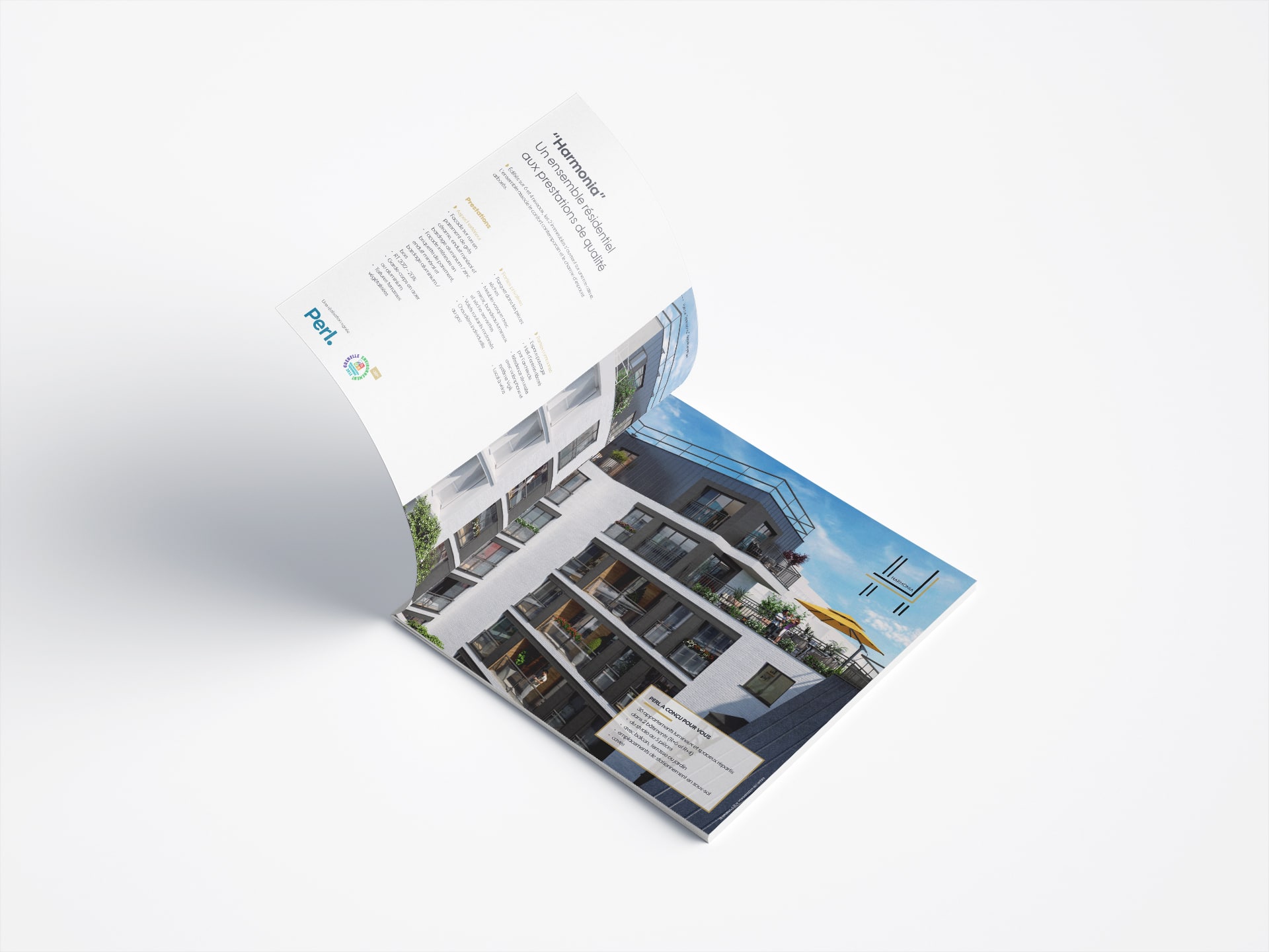 Il y a une brochure commerciale pour un programme immobilier de Paris, réalisée par l'agence de communication agile Siouxe à Paris, pour Perl.