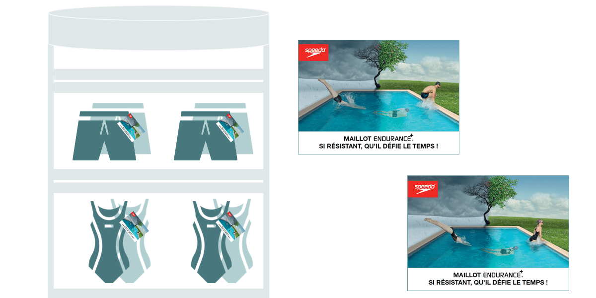 Etiquettes on pack, de la campagne 360 d'activation des ventes de Speedo, par l'agence de communication agile 360 Siouxe, à Paris.