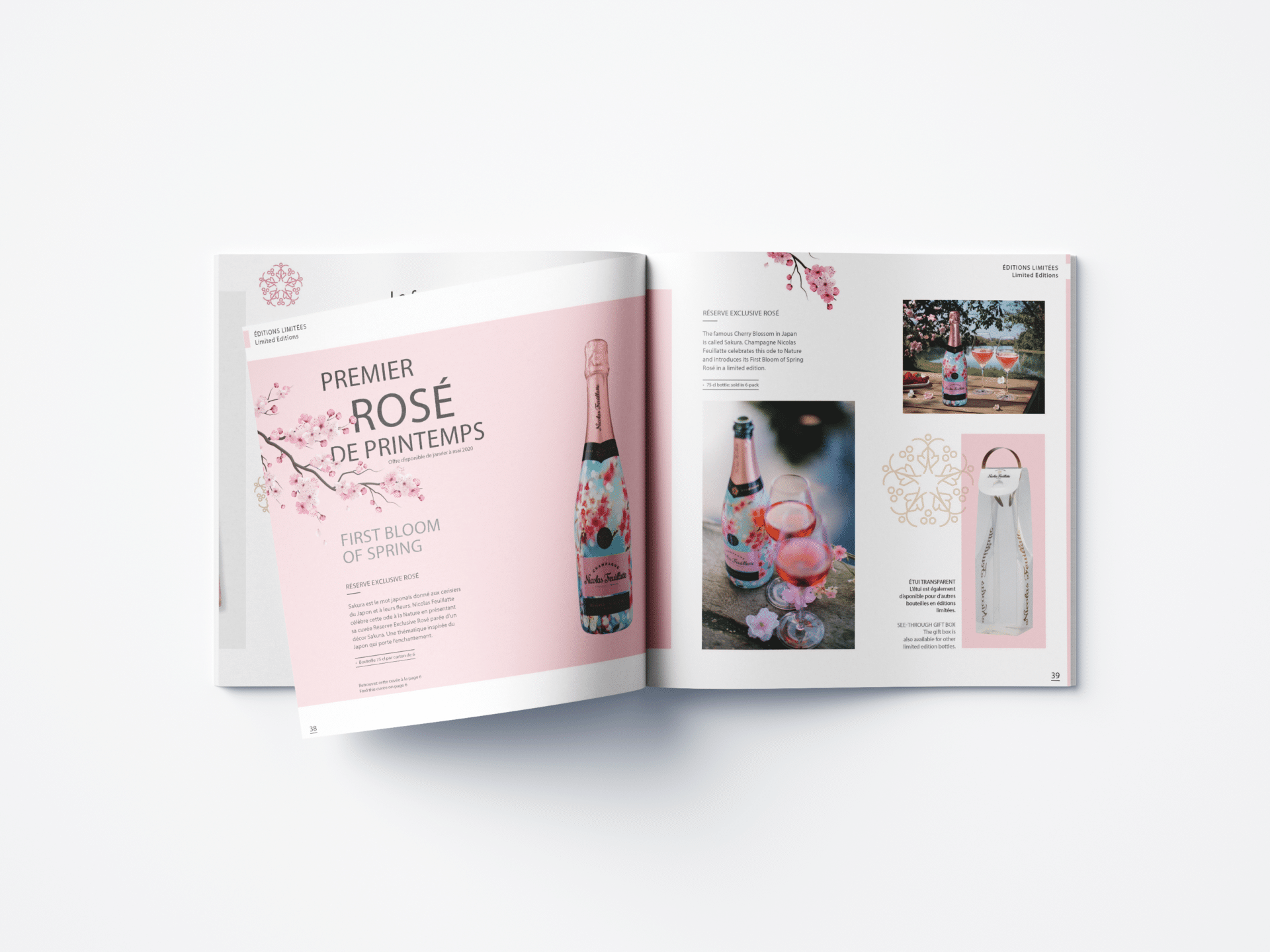 Intérieur du catalogue cadeaux d'affaires Nicolas Feuillatte. Support réalisé par l’agence de communication graphique Siouxe, à Paris.