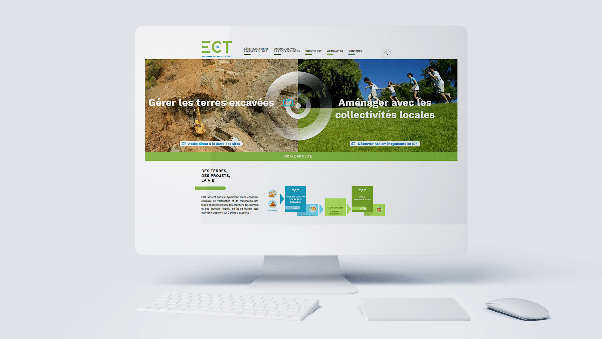 Site web de la stratégie de communication institutionnelle et commerciale. ECT, par l'agence de communication graphique Siouxe, à Paris.