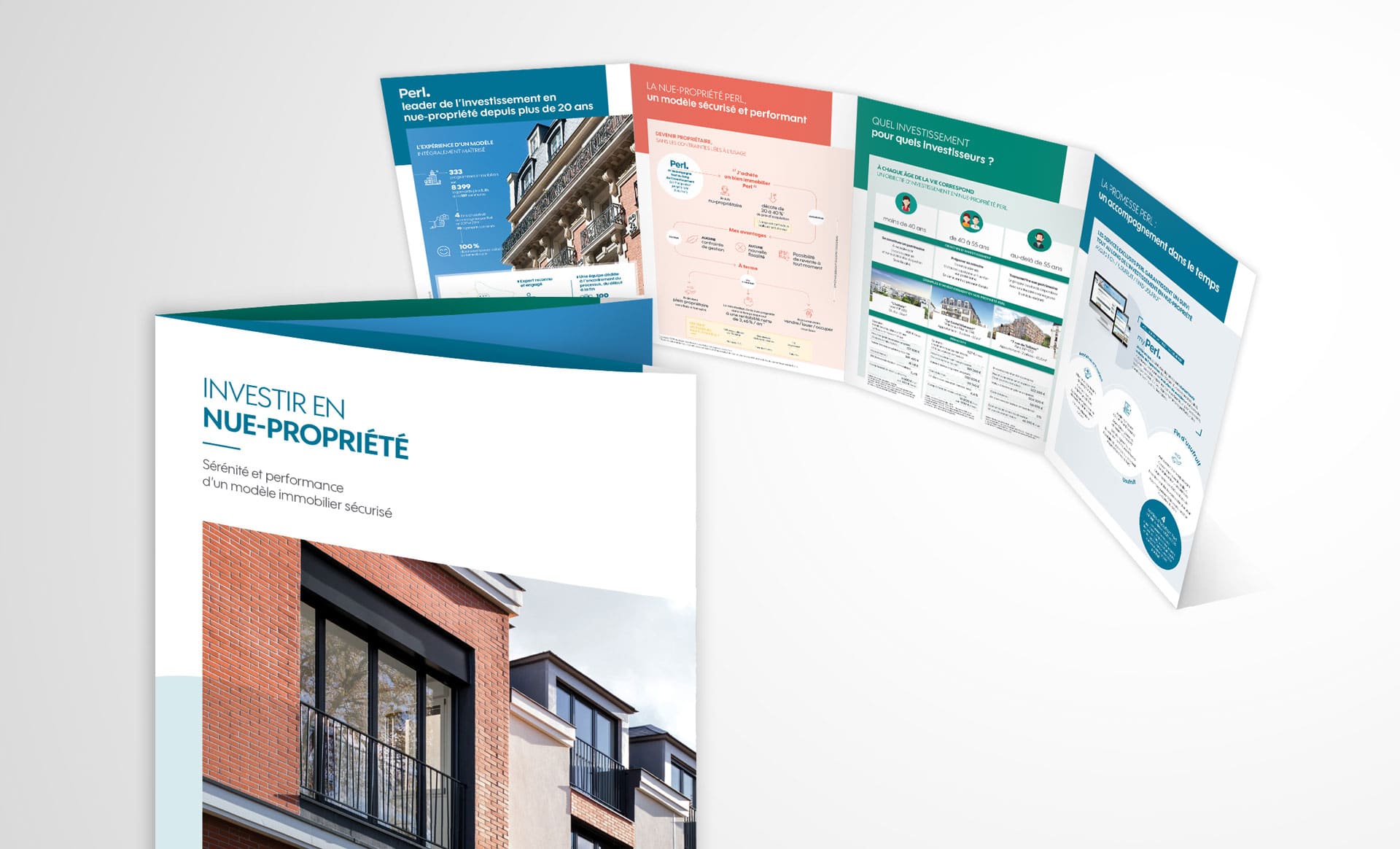 Brochure du kit commerciale support print du groupe immobilier Perl, réalisée par l'agence de communication print et digital Siouxe à Paris.